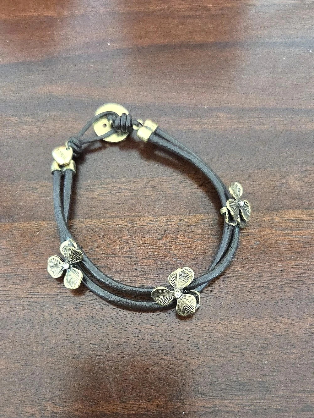Fossil Triple Flower Brown Leather Wrap Bracelet